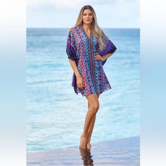 Miraclesuit Bella Alba Cotton Caftan Cover-Up in Midnight Blue (M) - Picture 1 of 14